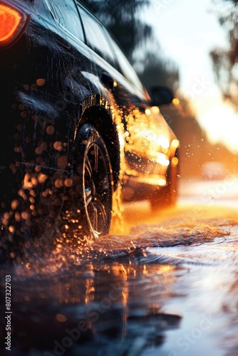 the car is driving on a wet road © Anna