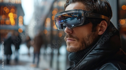 A man wearing futuristic augmented reality glasses is looking at something in the distance. © BoOm