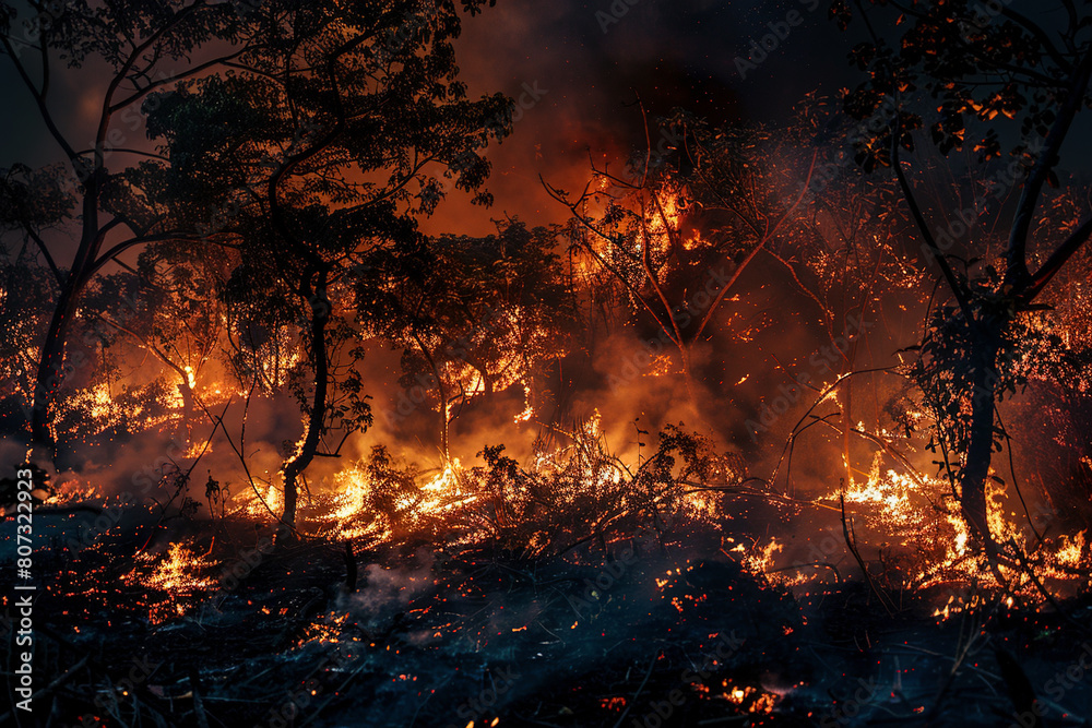 Forest fire with trees burning from climate change Forest fire with trees burning from climate change