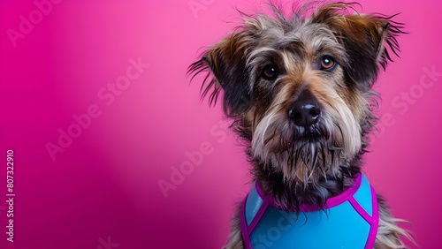 Irish Wolfhound Dog Poses in Swimming Vest for Studio Portrait Against Pink Background. Concept Pet Photography, Studio Portraits, Irish Wolfhound, Swimming Vest, Pink Background © Ян Заболотний