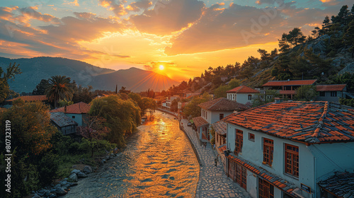 Stunning Sunset Over Berat Town with Glowing River and Traditional Architecture photo