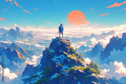 A small adventurer stands on top of the mountain, gazing at distant mountains and clouds