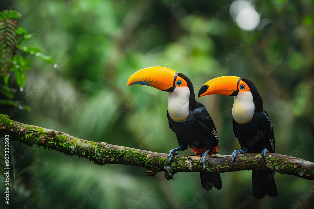 Fototapeta premium A pair of toucans tropical bird sitting on a tree branch with blurred natur background.