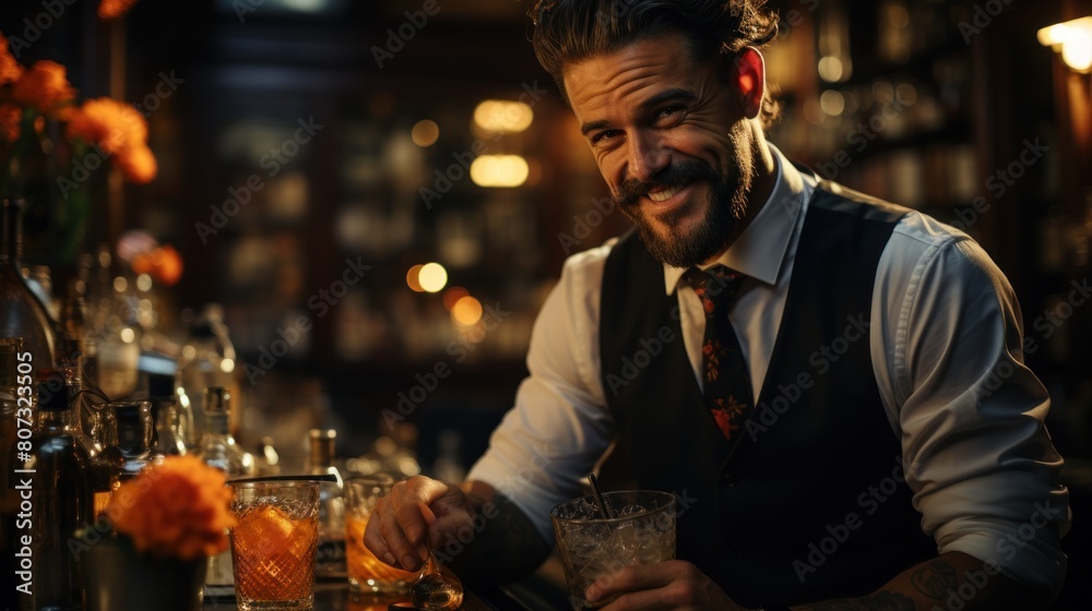 Stylish Bartender Preparing a Cocktail at a Classic Bar, Wearing a Vest and Tie Stylish Bartender Preparing a Cocktail at a Classic Bar, Wearing a Vest and Tie