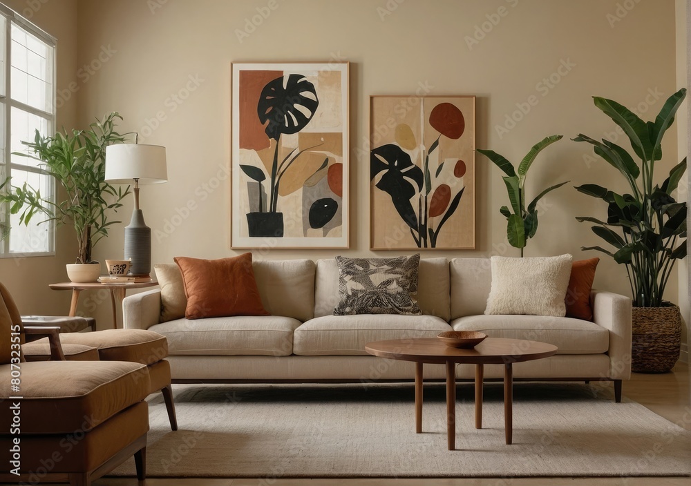 Fototapeta premium Inviting Living Room Warm Colored Furniture , couch and chair in a living room, bay window, apartment