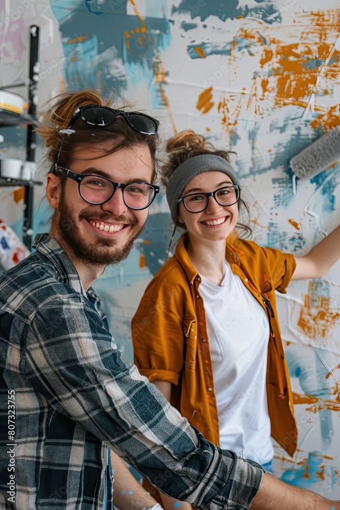 Obraz premium a couple in love is making repairs in the house