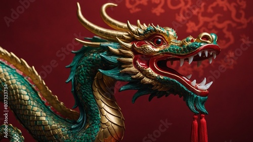 Vibrant dragon captured mid-roar against rich, red backdrop adorned with subtle, elegant patterns. Creatures eyes wide, intense, exuding powerful energy. Golden horns curve gracefully from head. © Tamazina