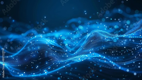 Abstract blue digital background with glowing dots and waves of data flowing in the air on dark blue background, AI technology concept photo