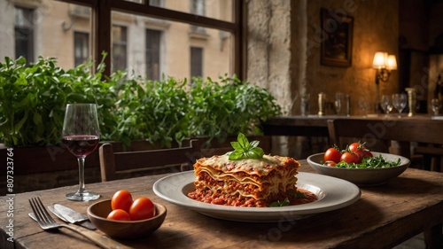 Sumptuous serving of lasagna sits prominently on wooden table, garnished with sprig of basil, basking in soft glow of ambient lighting. Glass of red wine, bowl of ripe tomatoes accompany meal.