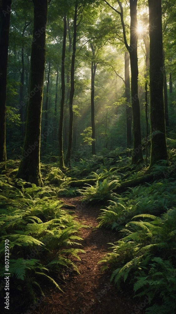 Sunlight pierces dense canopy of serene forest, casting ethereal beams that illuminate narrow, winding path surrounded by lush green ferns. Towering trees, their trunks, branches swathed in soft moss. Sunlight pierces dense canopy of serene forest, casting ethereal beams that illuminate narrow, winding path surrounded by lush green ferns. Towering trees, their trunks, branches swathed in soft moss.