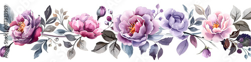 Ilustración en acuarela de tulipanes, peonías, flores de rosas y hojas. photo