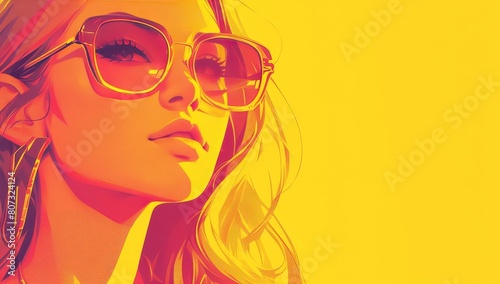 An illustration of a beautiful woman with sunglasses in the style of pop art. A red and yellow background 