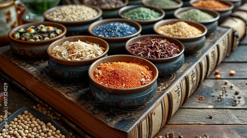 Assorted Traditional Chinese Medicine Ingredients in Decorative Bowls on Wooden Table © AS Photo Family