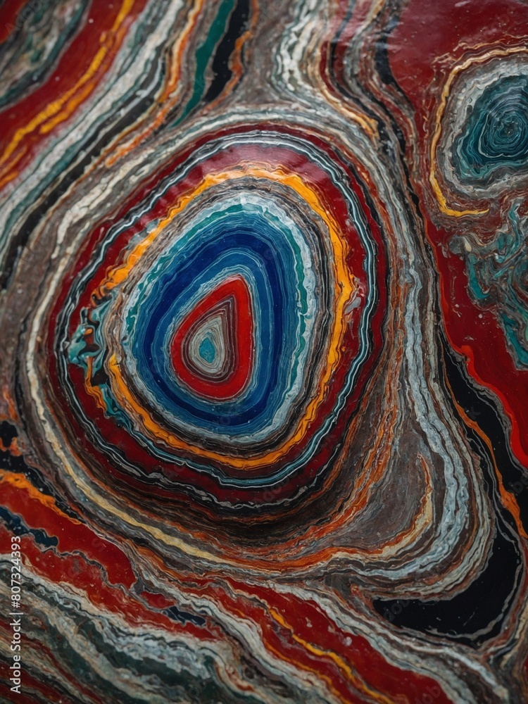 Fototapeta premium Close-up image captures intricate patterns of polished agate stone. Vibrant, concentric bands of color create stunning visual effect reminiscent of fluid art. Natural layers form eye-catching design.