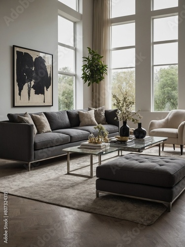 Spacious living room bathes in ample natural lighting from tall windows. Dark gray sectional sofa  lined with various throw pillows  invites relaxation. Glass coffee table  holding decorative vases.