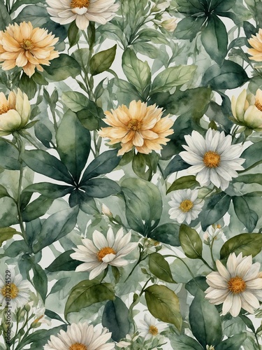 Floral pattern dominates image  showcasing variety of flowers  leaves in watercolor style. Large  small blooms  primarily in shades of white  yellow.