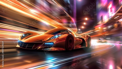 High-end sports car races through futuristic cityscape. Concept Car Racing, Futuristic Cityscape, High-End Sports Car, Fast-paced Action, Futuristic Technology