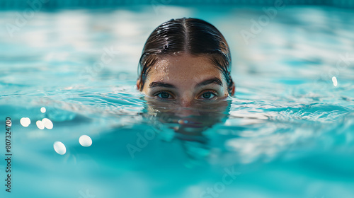 Woman submerged in the pool with her eyes above the water