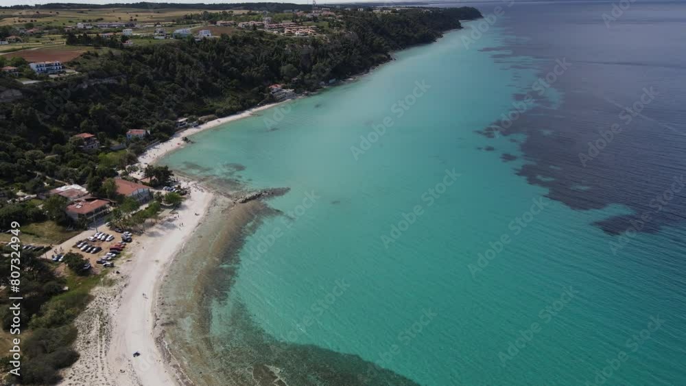 Aerial drone view on beach and sea in Afytos greece holiday and vacation concept Aerial drone view on beach and sea in Afytos greece holiday and vacation concept