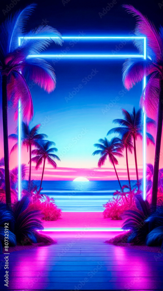 Vibrant neon blue sign frame on blue pink background with sun, palm trees, and beach. Abstract synthwave style backdrop.