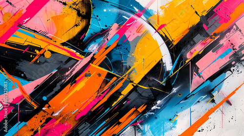 a vibrant and dynamic graffiti artwork. It features a mix of bright colors  including orange  pink  blue  yellow  and black