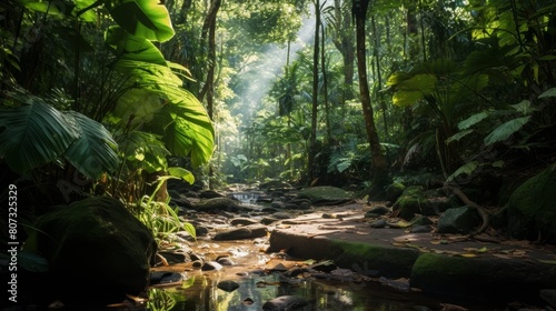 serene jungle stream in lush tropical forest