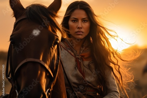 woman riding horse in sunset landscape