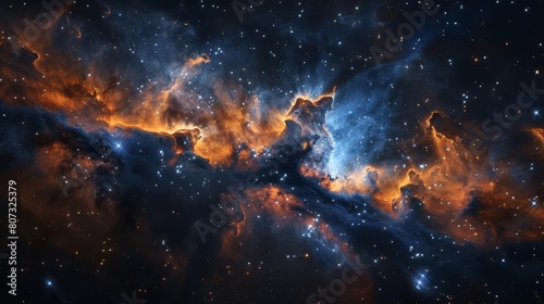 amazing nebula, dark blue and orange, stars in background, cinematic, epic, space, galaxy, universe, fantasy photo