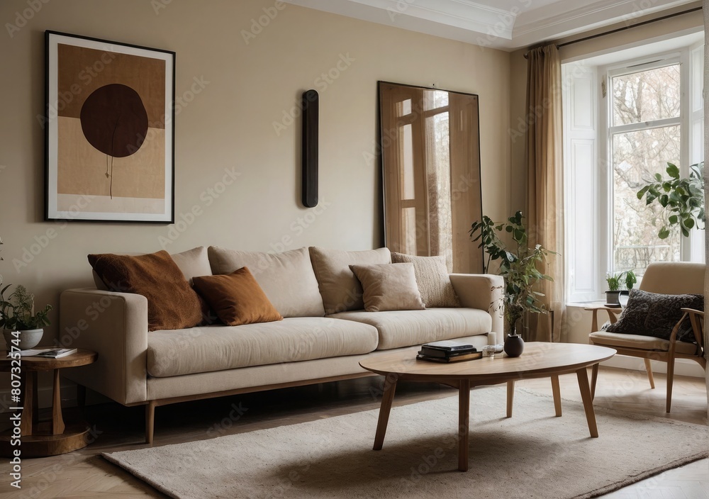 Inviting Living Room Warm Colored Furniture , couch and chair in a living room, bay window, apartment Inviting Living Room Warm Colored Furniture , couch and chair in a living room, bay window, apartment