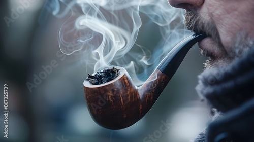 Person smoking and blowing smoke, old man smoking pipe close-up  photo