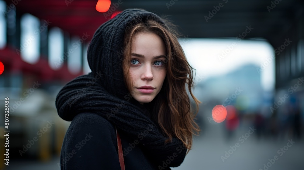 Mysterious woman in black hooded coat