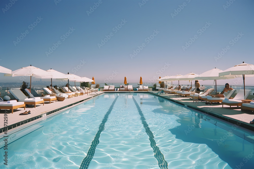Swimming pool and sun loungers at stylish tropical spa hotel, summertime banner mockup. Summer travel sales and vacation concept.
