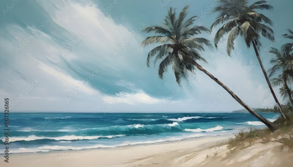A beach scene with palm trees swaying in the breez upscaled 13