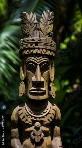 Intricate wooden tiki idol in tropical foliage