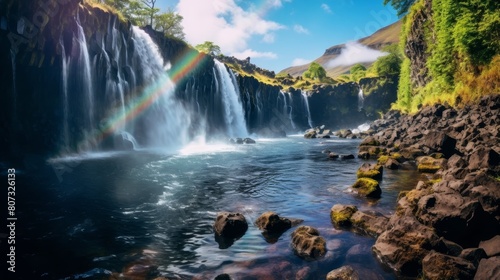 Stunning waterfall with rainbow in lush green landscape