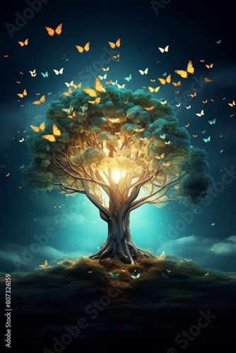 Magical tree with glowing butterflies
