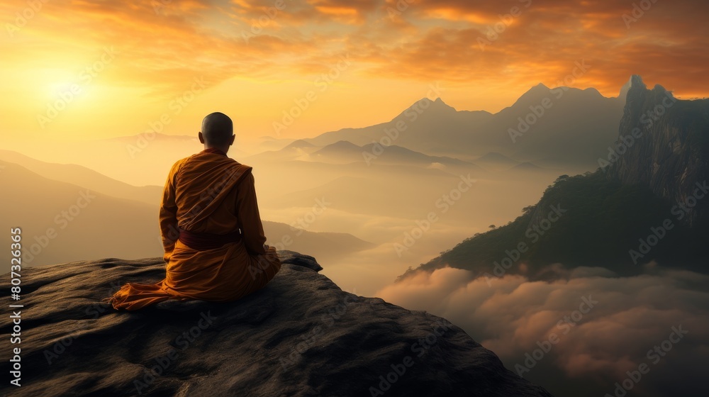 Serene mountain landscape with meditating monk Serene mountain landscape with meditating monk
