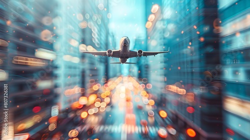Jet airplane flying over urban skyscrapers, the city buzzing below. Dynamic, blurred motion conveys speed. Urban travel concept. AI photo