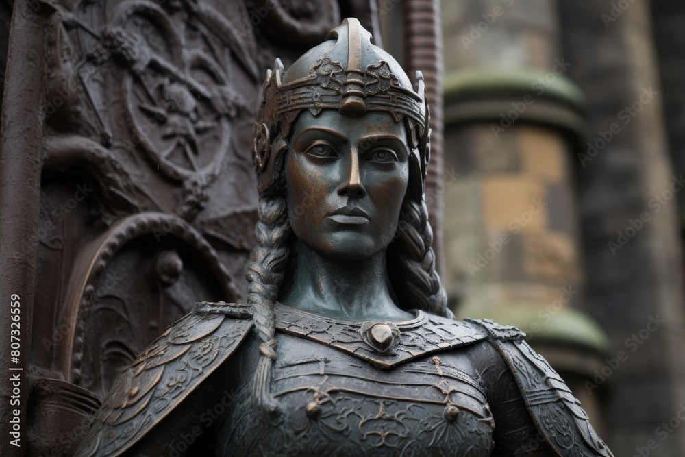 Ornate bronze statue of a warrior woman with intricate armor and headdress