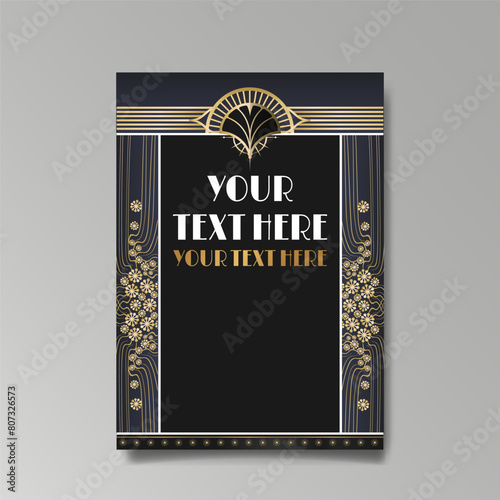 Modern Art Nuevo luxury template golden-black, A4 page, menu, card, invitation, lines flowers and city lights