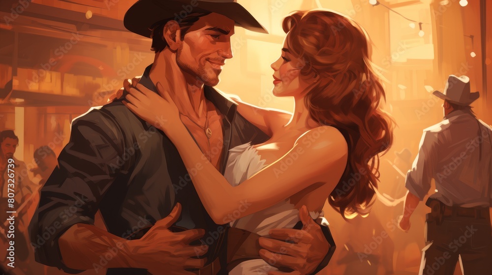 romantic couple dancing in western saloon