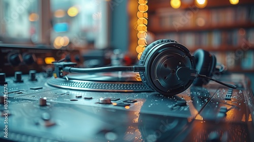 The headphones and turntable are on a white background with blotters photo