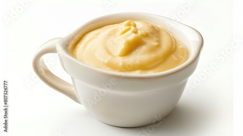 Cheese sauce in ceramic cup on white background