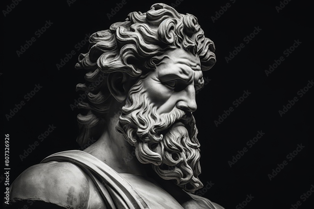 Dramatic black and white sculpture of a man with curly hair Dramatic black and white sculpture of a man with curly hair