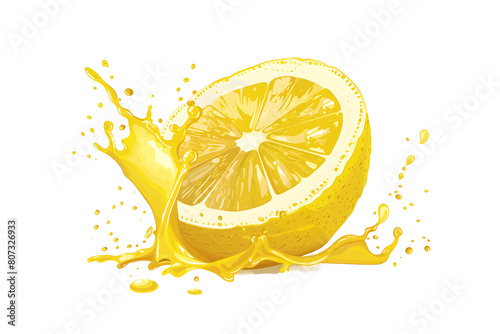 Fresh ripe slice of lemon fruit with juice splash  isolated illustration on transparent background. Healthy food and tropical fruit drink  splashing fruit beverage liquid. PNG  cutout.
