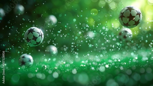 On a green background, a football banner with balls and stars. photo