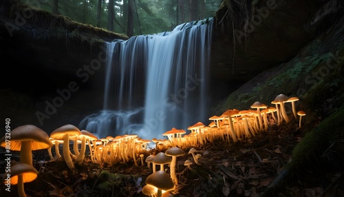 A waterfall surrounded by a forest of glowing mush photo