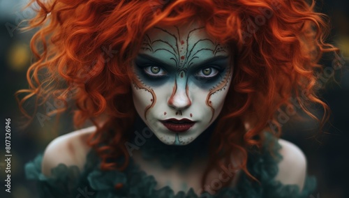 Mysterious woman with vibrant red hair and intricate face paint