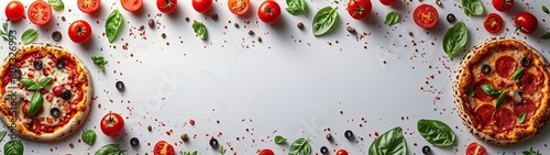 gourmet pizza surrounded by fresh ingredient, pizza frame border on white background