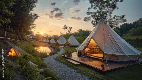 Glamping site with canvas tents, wooden deck terraces and green grass areas surrounded by trees in the countryside at sunset. Generative AI.